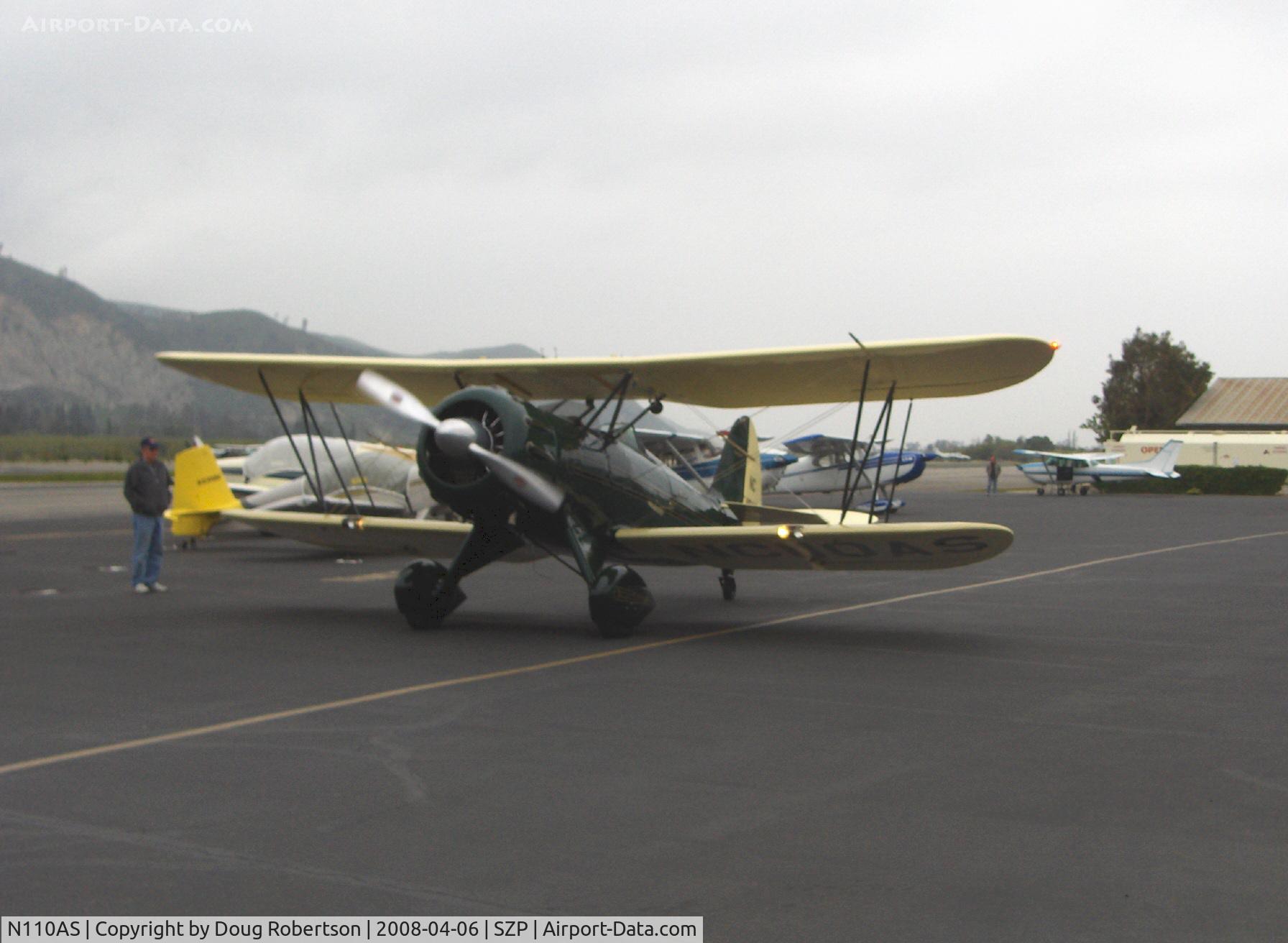 N110AS, 2005 Waco YMF-F5C C/N F5C110, 2005 Waco Classic YMF-F5C, Jacobs R755B 275 Hp, arriving at transient tiedown area