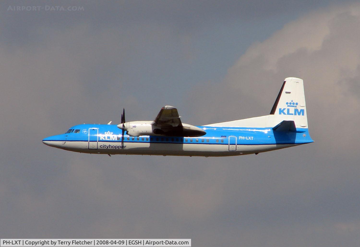 PH-LXT, 1993 Fokker 50 C/N 20279, KLM Fokker 50 climbs away from Norwich UK - one of the few scheduled flights from this East Anglian City
