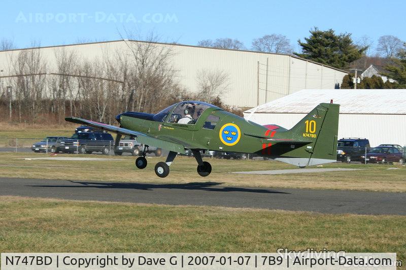 N747BD, 1972 Scottish Aviation Sk.61D Bulldog C/N BH100/110, Bulldog 7BD about to touch down at Ellington, CT.