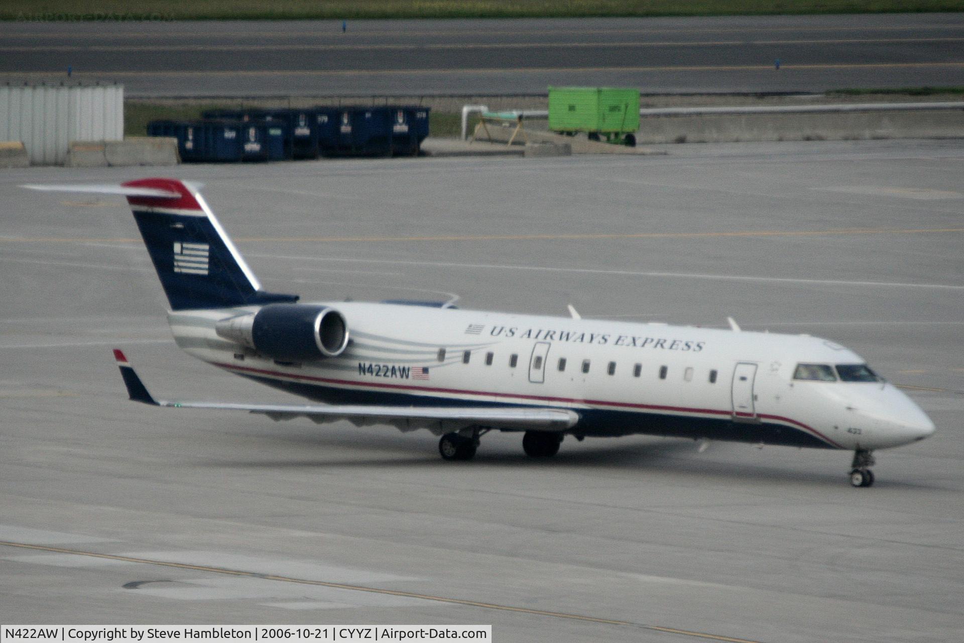 N422AW, 1999 Canadair CRJ-200ER (CL-600-2B19) C/N 7341, Taken from the bedroom window of the Sheraton Hotel