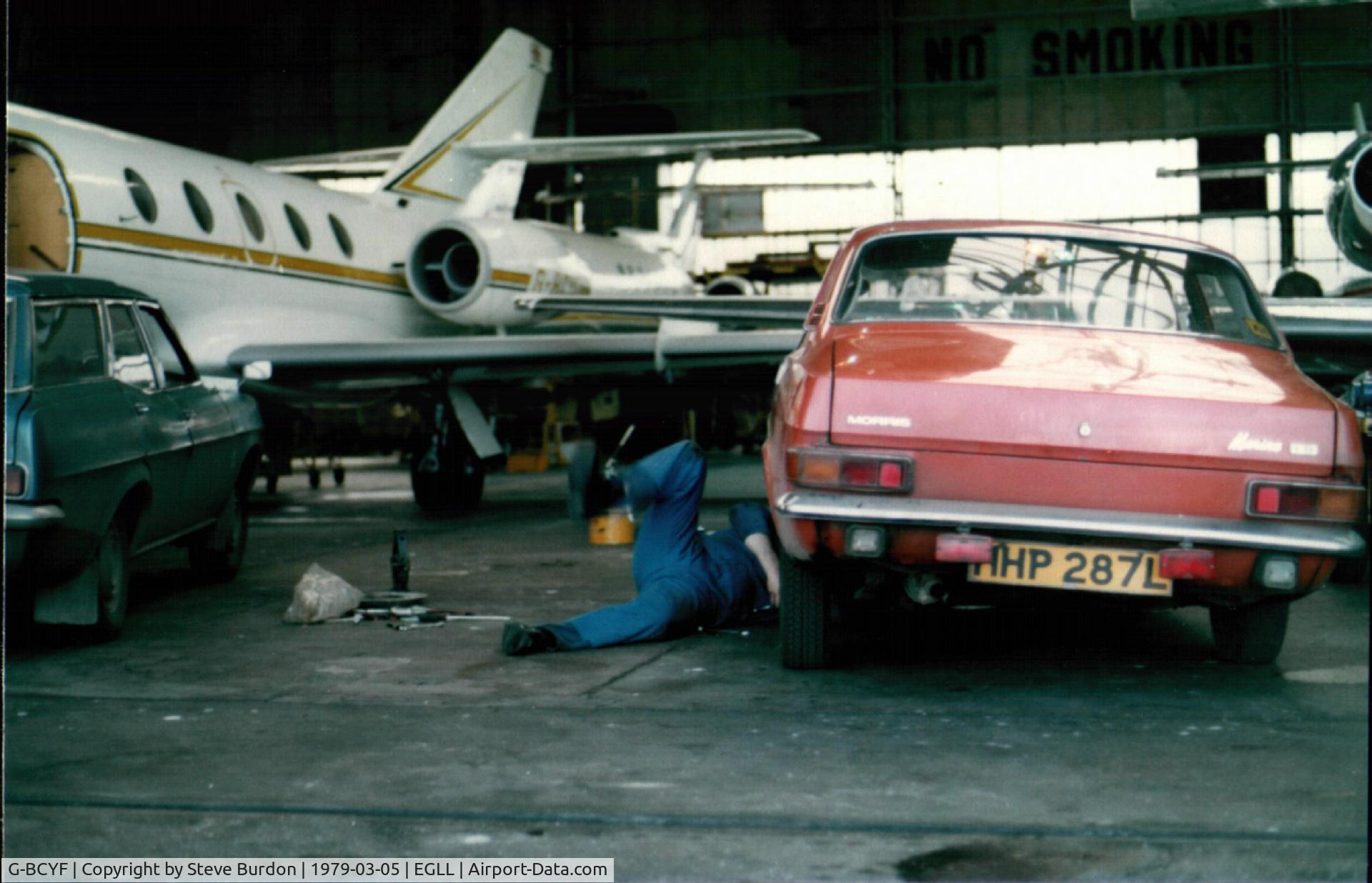 G-BCYF, 1975 Dassault Falcon (Mystere) 20DC C/N 304, Hangared at Fields Heathrow 1979