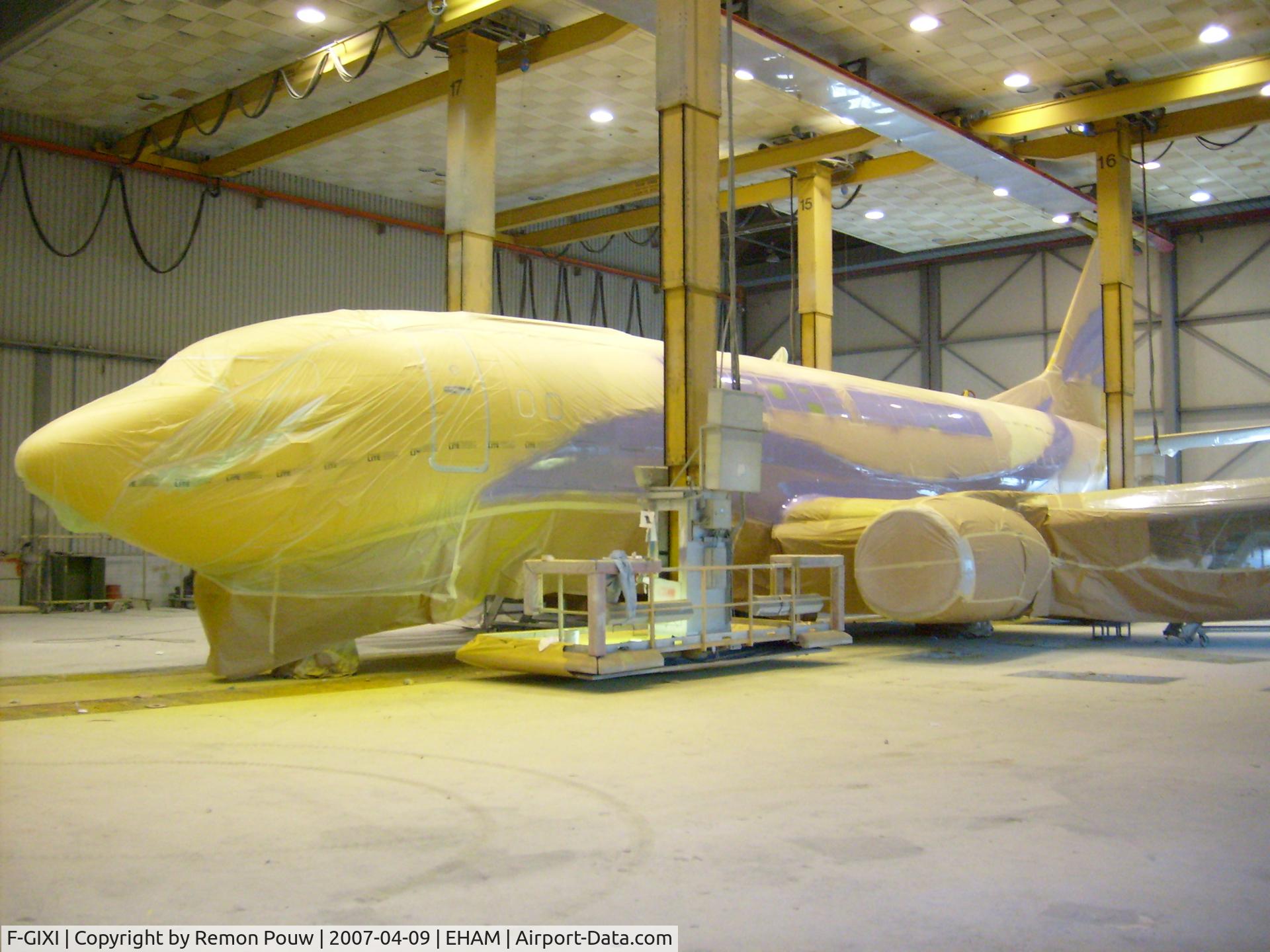 F-GIXI, 1987 Boeing 737-348F C/N 23809, Moments after spraying purple. all things left are the dark blue and a nice layer of clearcoat and then it will be finished! I really like this livery!