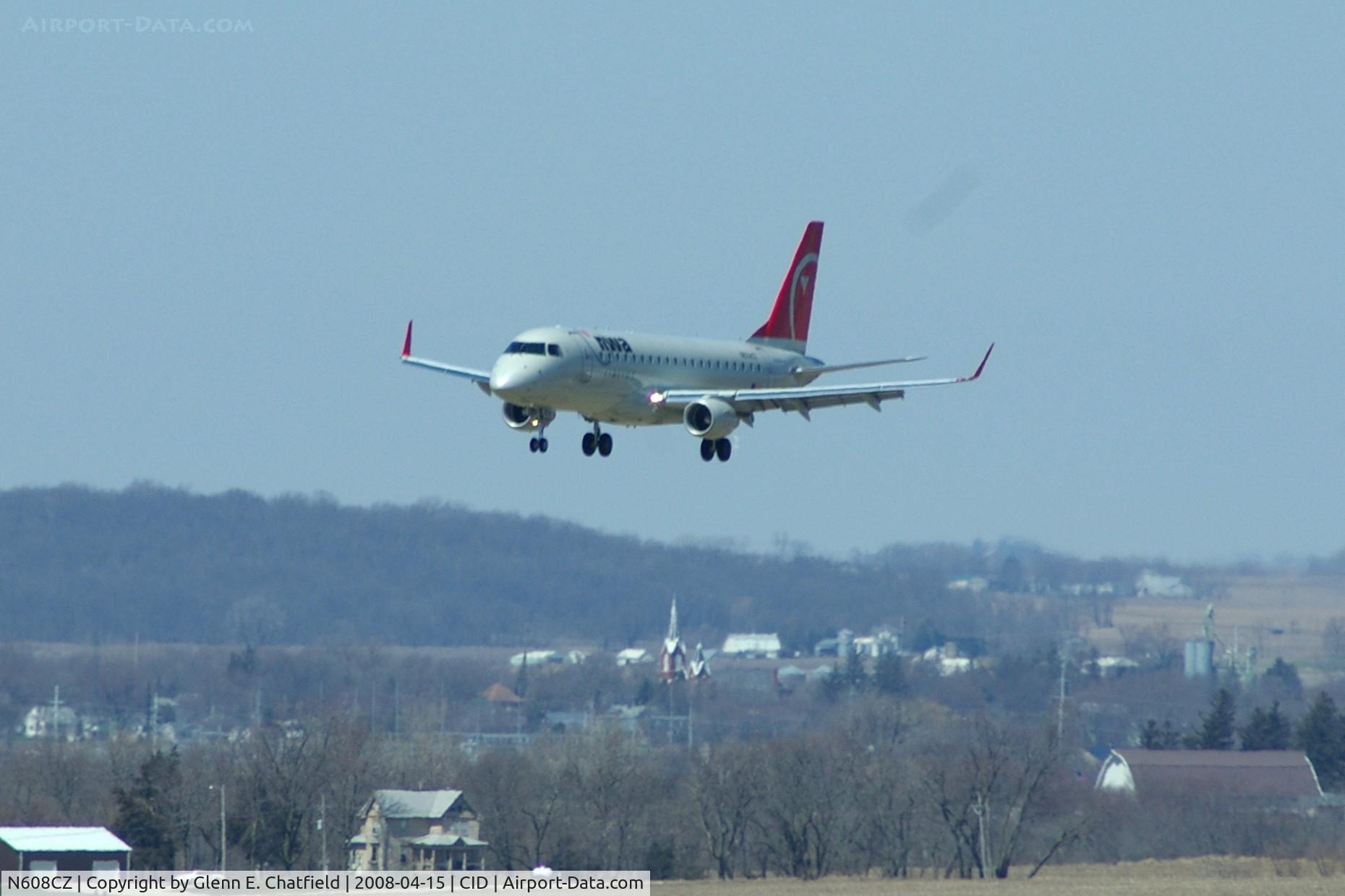 N608CZ, 2007 Embraer 175LR (ERJ-170-200LR) C/N 17000195, Compass approaching Runway 13.  The church in Fairfax clearly seen.