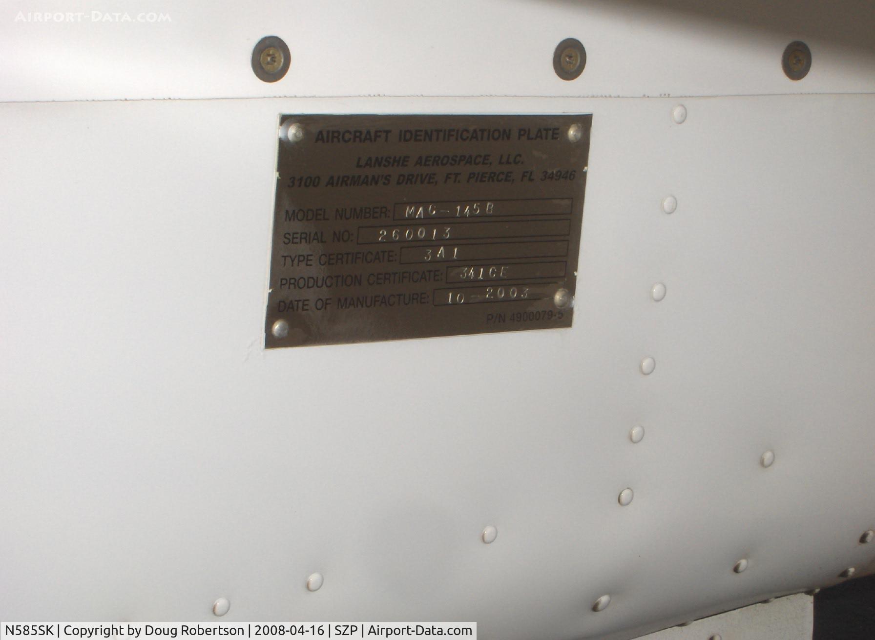 N585SK, 2003 Lanshe Aerospace Llc MAC-145B C/N 260013, 2003 Lanshe Aerospace LLC MAC-145B (Micco SP26A for Aerobatic), Lycoming IO-540 260 Hp, builder data plate-standard class aircraft, constructor's #13.