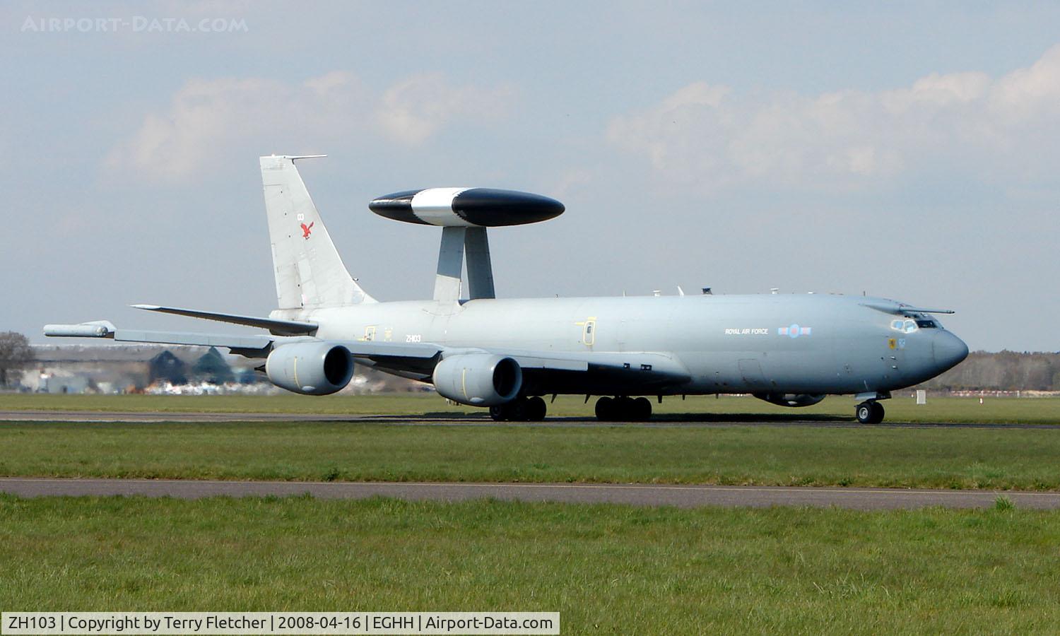 ZH103, 1990 Boeing E-3D Sentry AEW.1 Sentry C/N 24111, AWACS Sentry taxies in at Bournemouth using callsign 'Nato 1 '