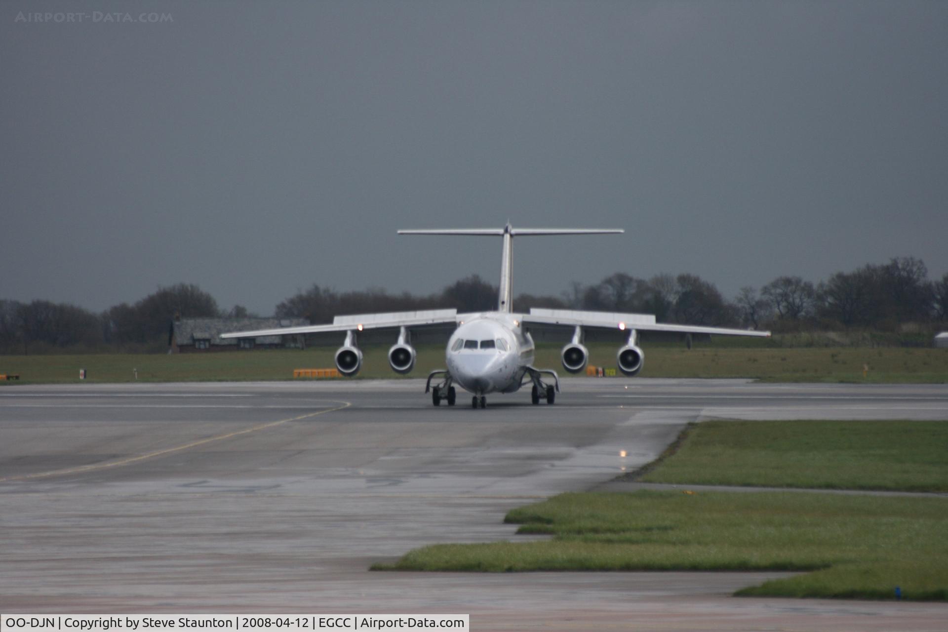 OO-DJN, 1995 British Aerospace Avro 146-RJ85 C/N E.2275, Taken at Manchester Airport on a typical showery April day