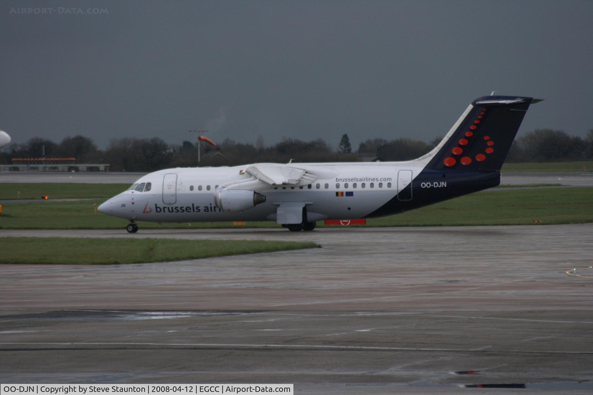 OO-DJN, 1995 British Aerospace Avro 146-RJ85 C/N E.2275, Taken at Manchester Airport on a typical showery April day