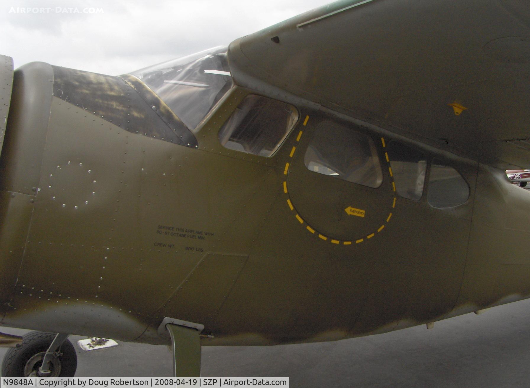 N9848A, 1950 Cessna 190 C/N 7541, 1950 Cessna 190 as US Army LC-126, Jacobs R755-A2 300 Hp radial upgrade, the pilot escape hatch shown is a good recognition feature differentiating the LC-126 from the C190