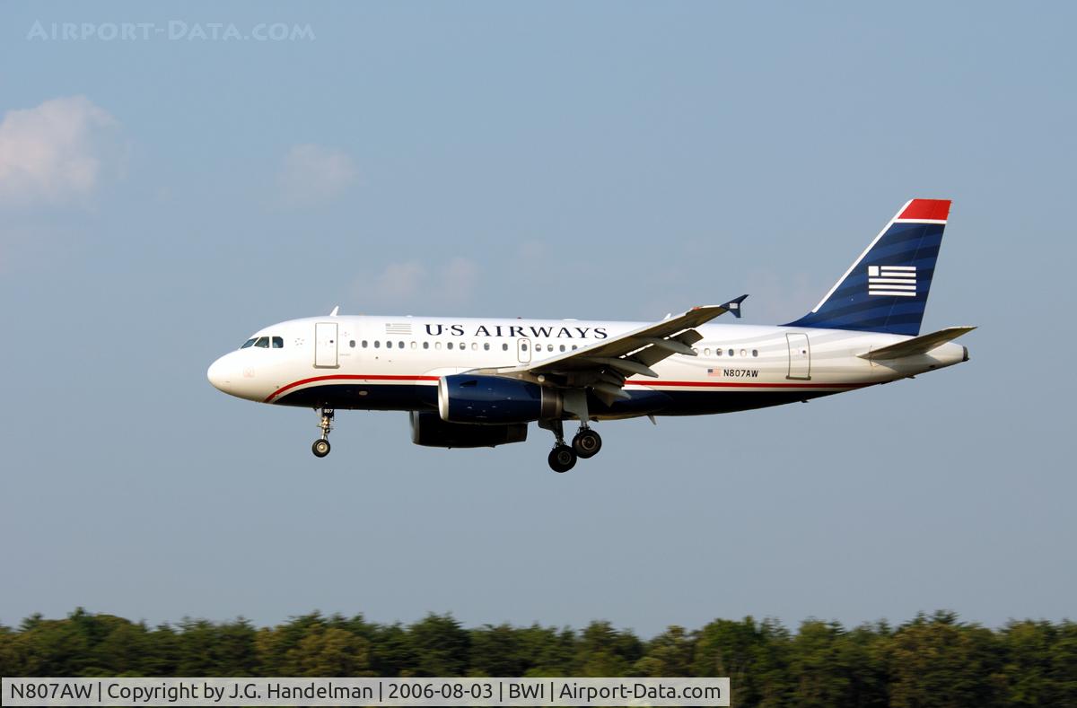 N807AW, 1999 Airbus A319-132 C/N 1064, on final at BWI