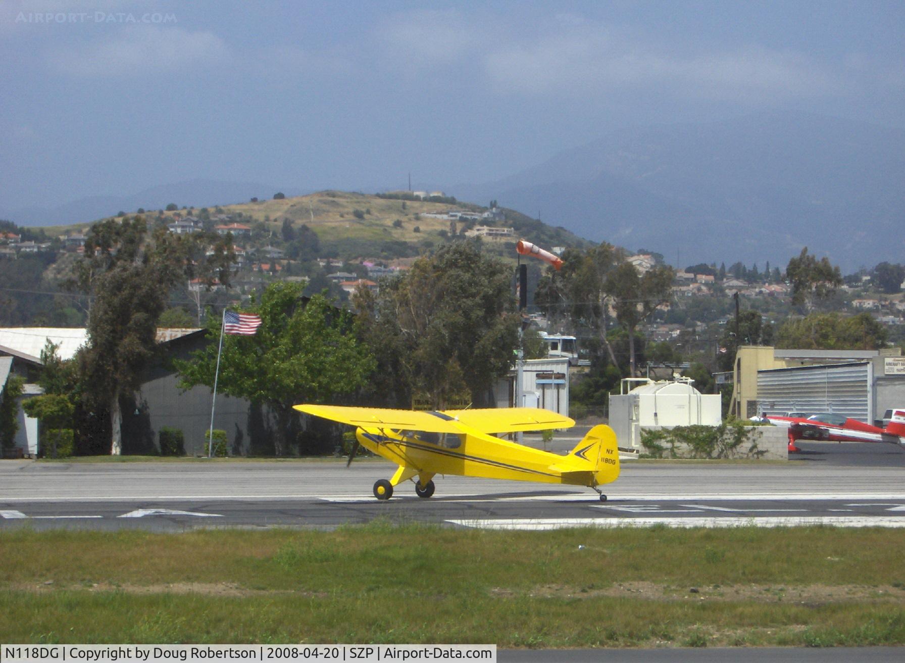 N118DG, 2008 Piper PA-18 Replica C/N 001, 2007 Ganzer XPA18, design looks like Piper PA-18-only one registered with FAA, taxi off Rwy 22 after landing