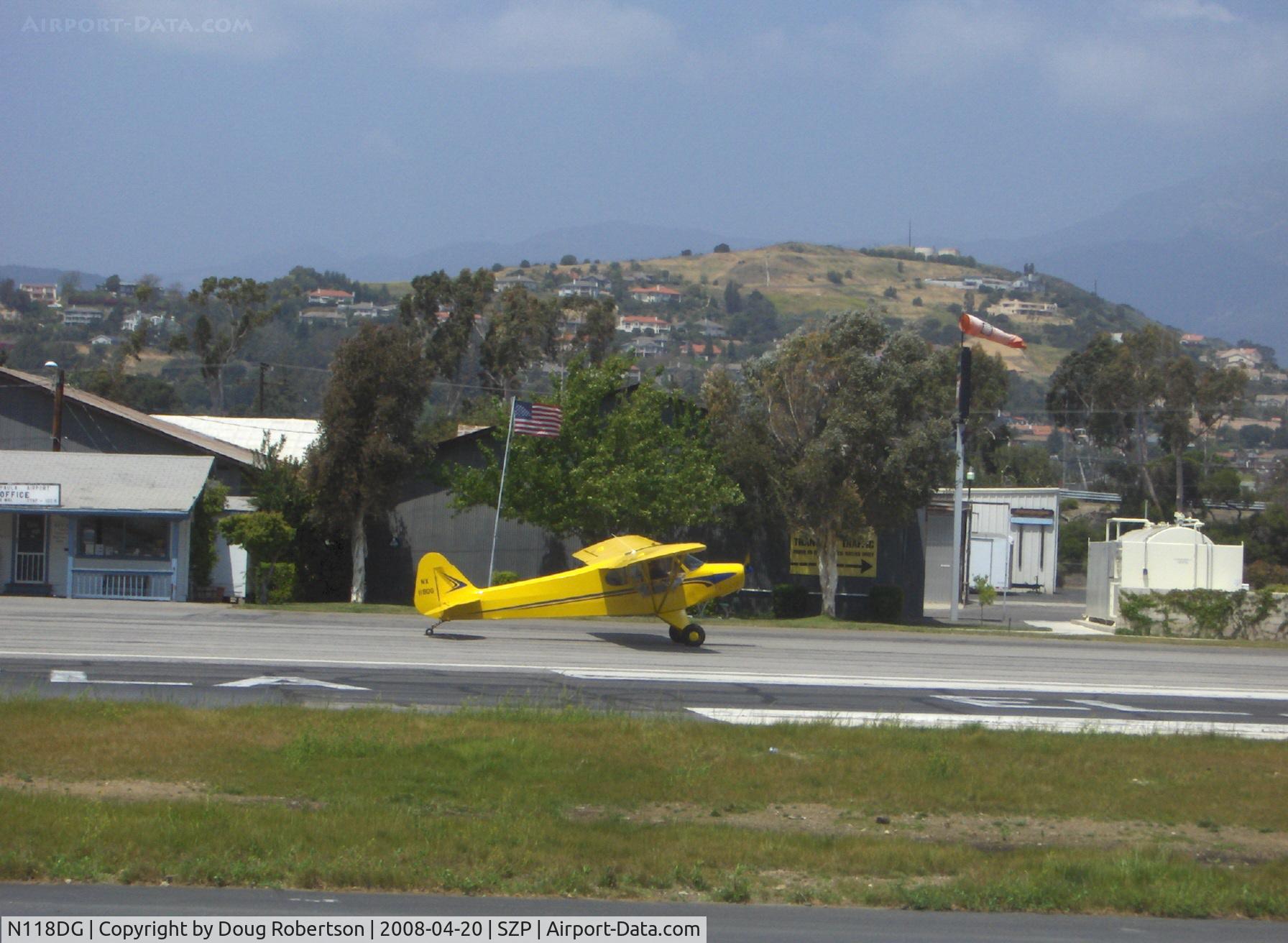 N118DG, 2008 Piper PA-18 Replica C/N 001, 2007 Ganzer XPA18, design looks like Piper PA-18-only one registered with FAA, taxi back to Rwy 22