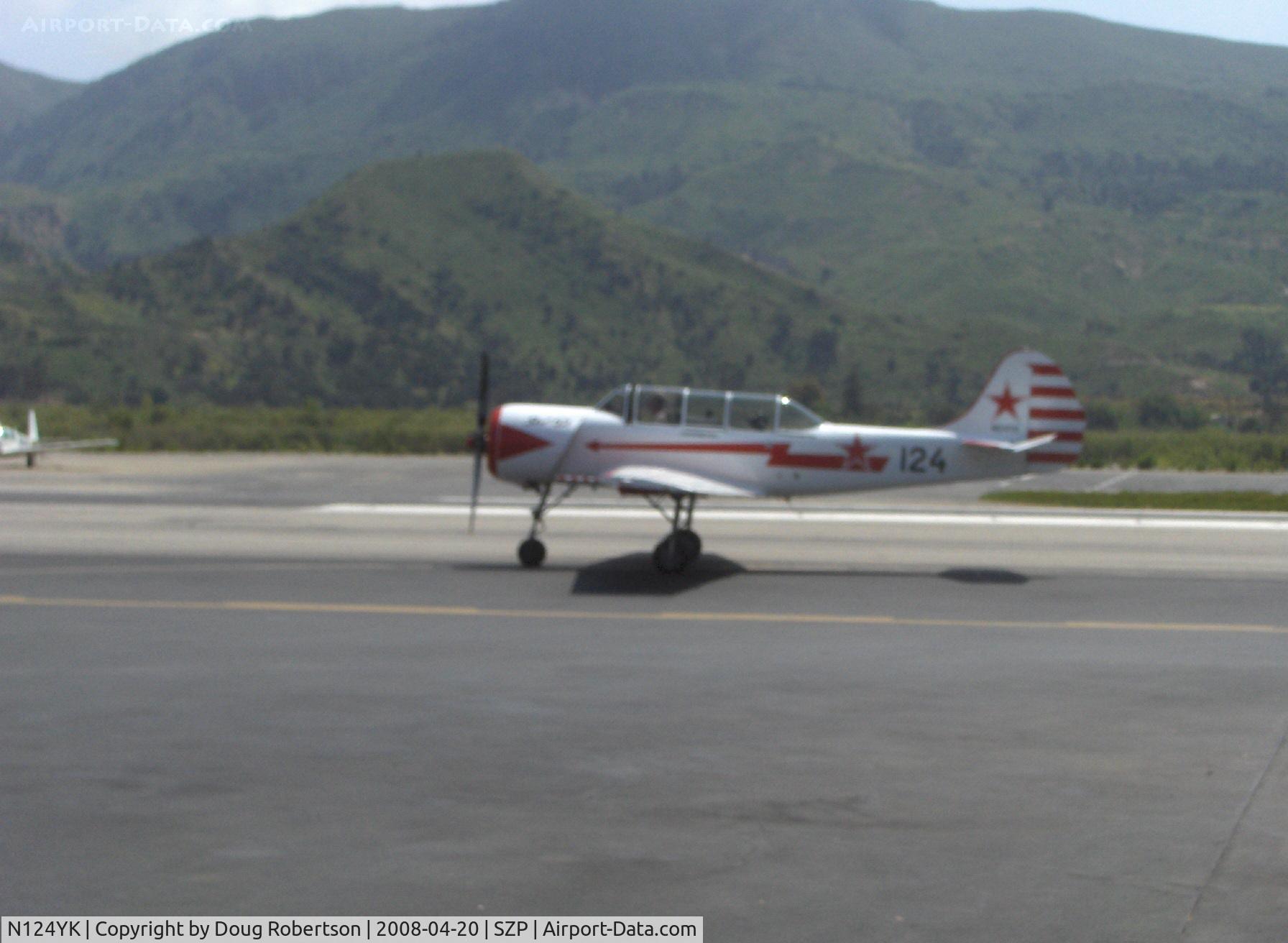 N124YK, 1984 Yakovlev Yak-52 C/N 844804, 1984 Intreprinderea de Avioane Bacau-Romania (Yakovlev) Yak 52 Vedeneev MP-14P 9 cylinder air-cooled radial 360 Hp, taxi back