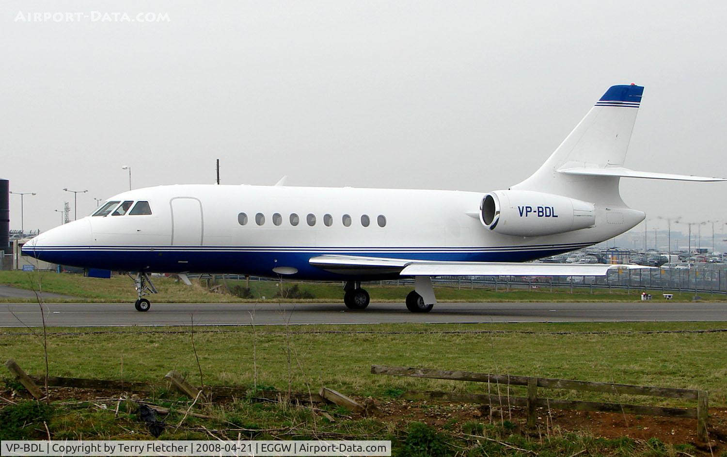 VP-BDL, 2000 Dassault Falcon 2000 C/N 111, Based Falcon 200 taxies out at Luton