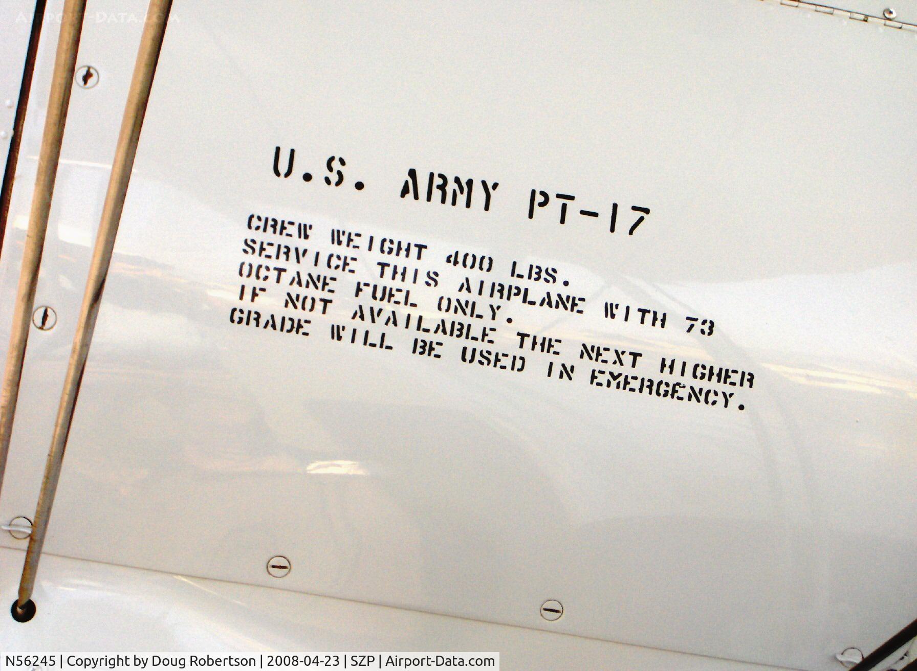 N56245, 1941 Boeing A75N1(PT17) C/N 75-4284, 1942 Boeing Stearman A75N1 (PT17), Jacobs R755-B2M 275 Hp upgrade, stencil data