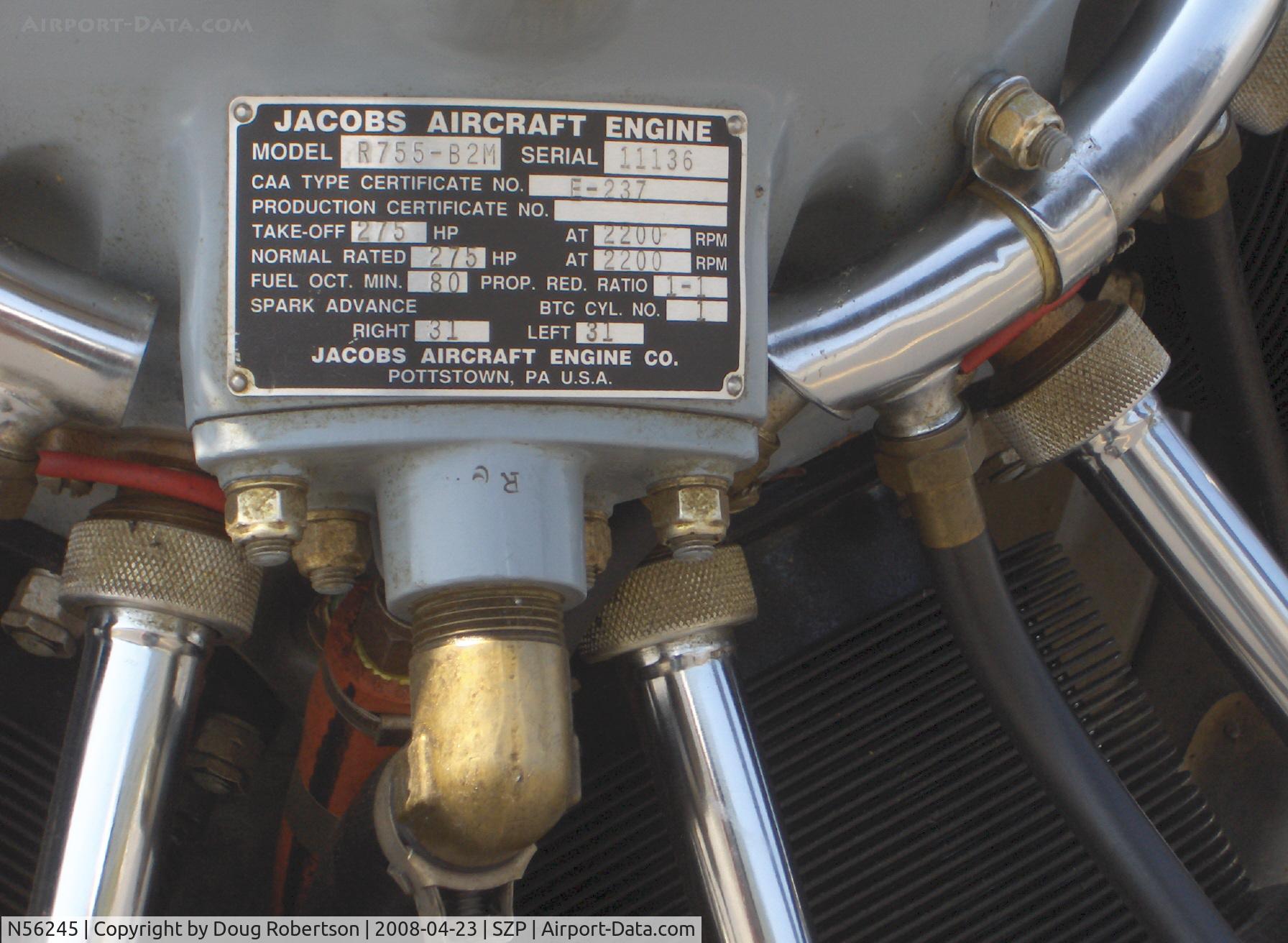 N56245, 1941 Boeing A75N1(PT17) C/N 75-4284, 1942 Boeing Stearman A75N1 (PT17), Jacobs R755-B2M 275 Hp upgrade, engine data plate, Mr. Clean lives here.