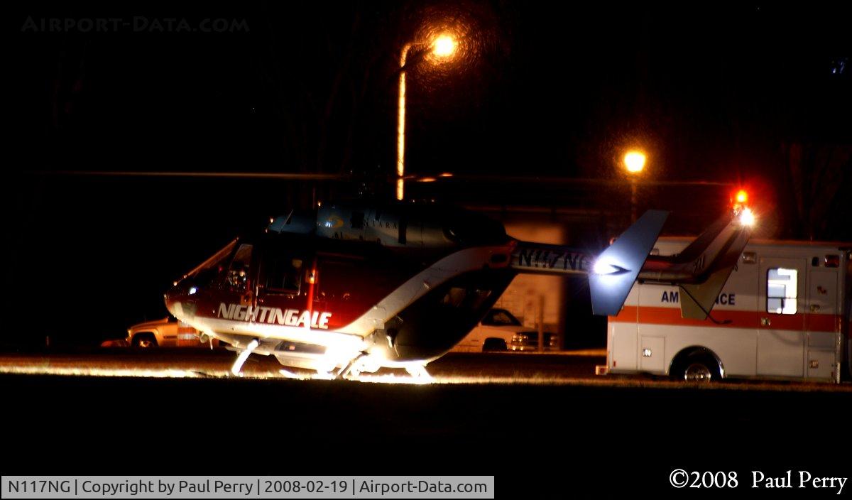 N117NG, 1986 Eurocopter-Kawasaki BK-117A-4 C/N 7083, A lit up, off on a patient transfer
