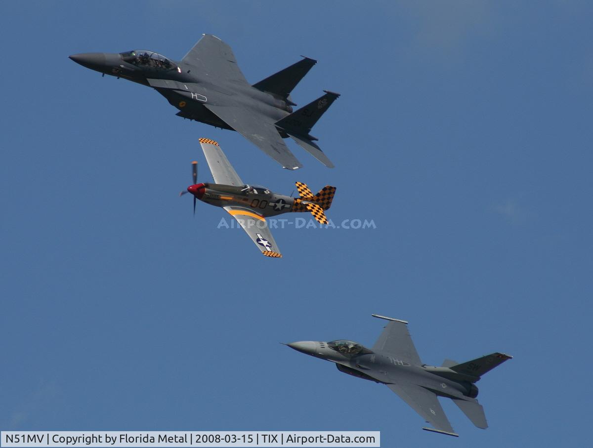 N51MV, 1945 North American F-51D Mustang C/N 45-11391, Dale Snodgrass in formation with F-15 and F-16