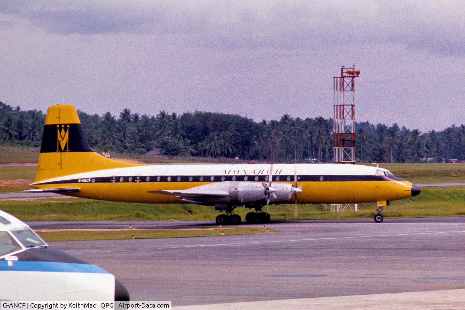 G-ANCF, 1959 Bristol 175 Britannia 308F C/N 12922, Taxying in at Paya Lebar, Singapore, while in service with Monarch, 1970.