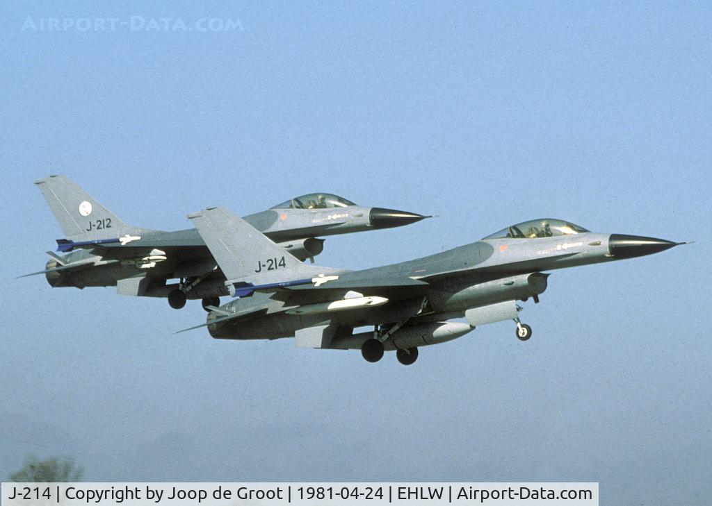 J-214, 1979 Fokker F-16A Fighting Falcon C/N 6D-3, This picture was taken shortly after delivery to the RNlAF. The early black noses mark the early eifgties. This airframe was scrapped in 1998.