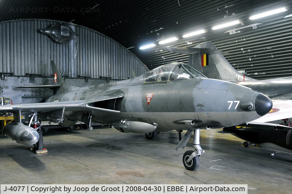 J-4077, 1955 Hawker Hunter F.58 C/N 41H-697444, In 1994 this Hunter was presented to the Belgian AF. After a long storage at Weelde it is now preserved in a shelter at Beauvechain.