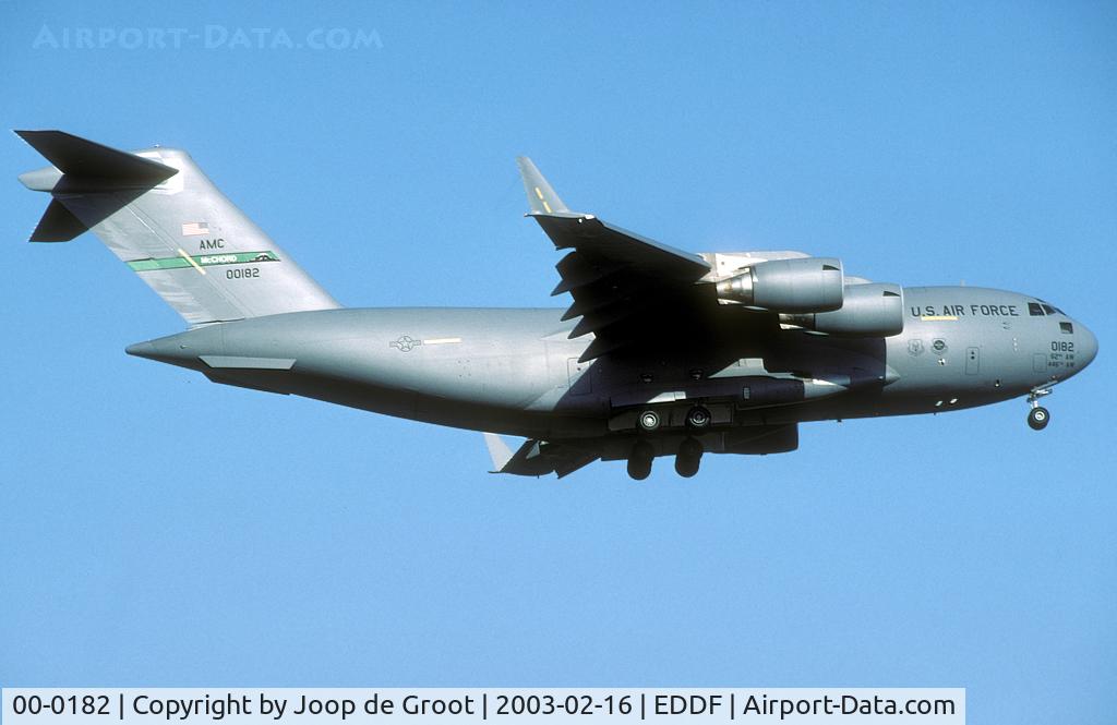 00-0182, 2000 Boeing C-17A Globemaster III C/N P-82, During 2003 the C-17's were still coming in at Frankfurt. This European transport hub has closed now.