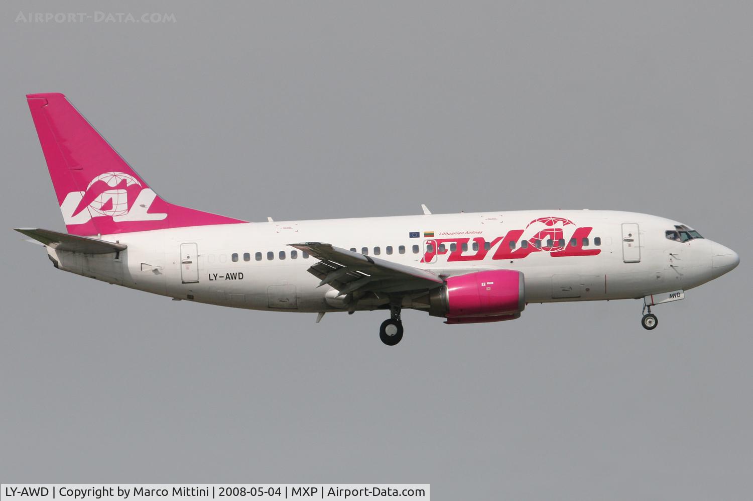 LY-AWD, 1993 Boeing 737-522 C/N 26739, Landing at Milano Malpensa