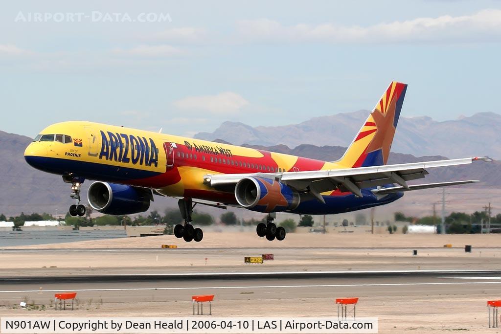 N901AW, 1985 Boeing 757-2S7 C/N 23321, Another shot of this special-schemed America West plane landing on RWY 25L at McCarran.  I will forever miss this paint scheme.