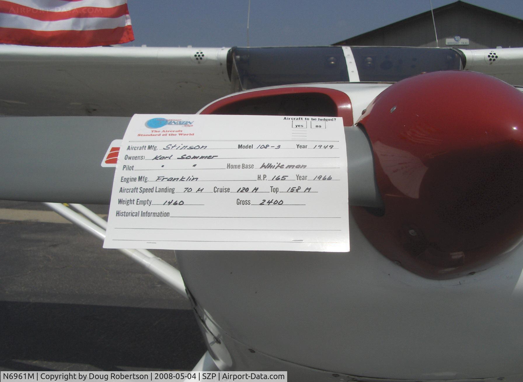 N6961M, 1949 Stinson 108-3 Voyager C/N 108-4961, 1949 Stinson 108-3 Station Wagon, Franklin 6A4165 165 Hp, aircraft data