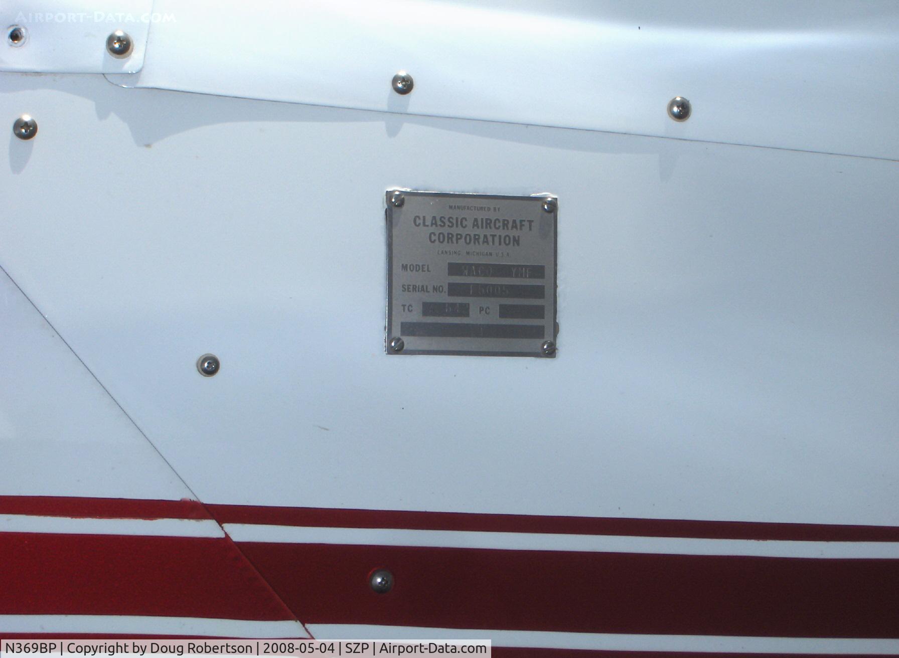 N369BP, 1987 Classic Aircraft Corp WACO YMF C/N F5-005, 1987 Classic Aircraft WACO YMF, Jacobs R755B 275 Hp radial, data plate