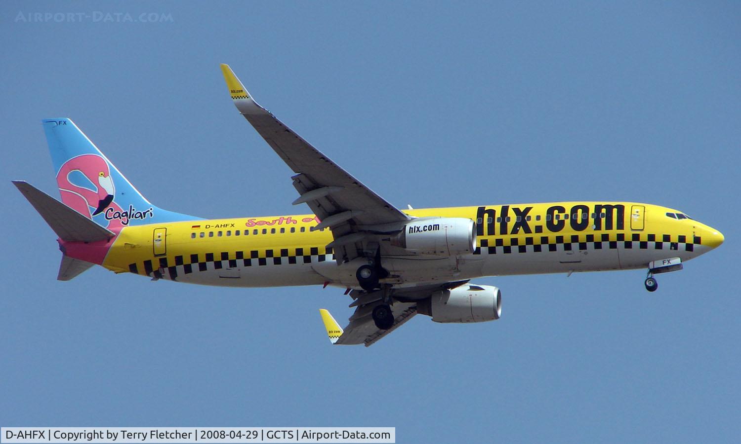 D-AHFX, 2001 Boeing 737-8K5 C/N 30416, Colouful Hapag Lloyd Express on approach to TFS