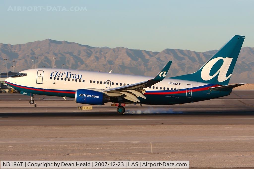 N318AT, 2007 Boeing 737-7BD C/N 33931, AirTran Airways N318AT (FLT TRS777) from Hartsfield-Jackson Atlanta Int'l (KATL) landing on RWY 25L.