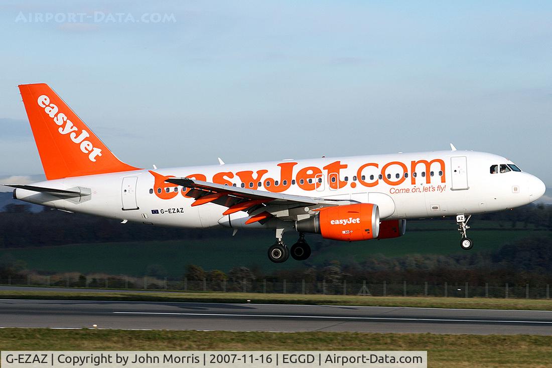 G-EZAZ, 2006 Airbus A319-111 C/N 2829, Easyjet A319-111. This shot shows how steep the runway is at the western end. Pilots have to approach correctly to avoid a 'tailstrike'.
