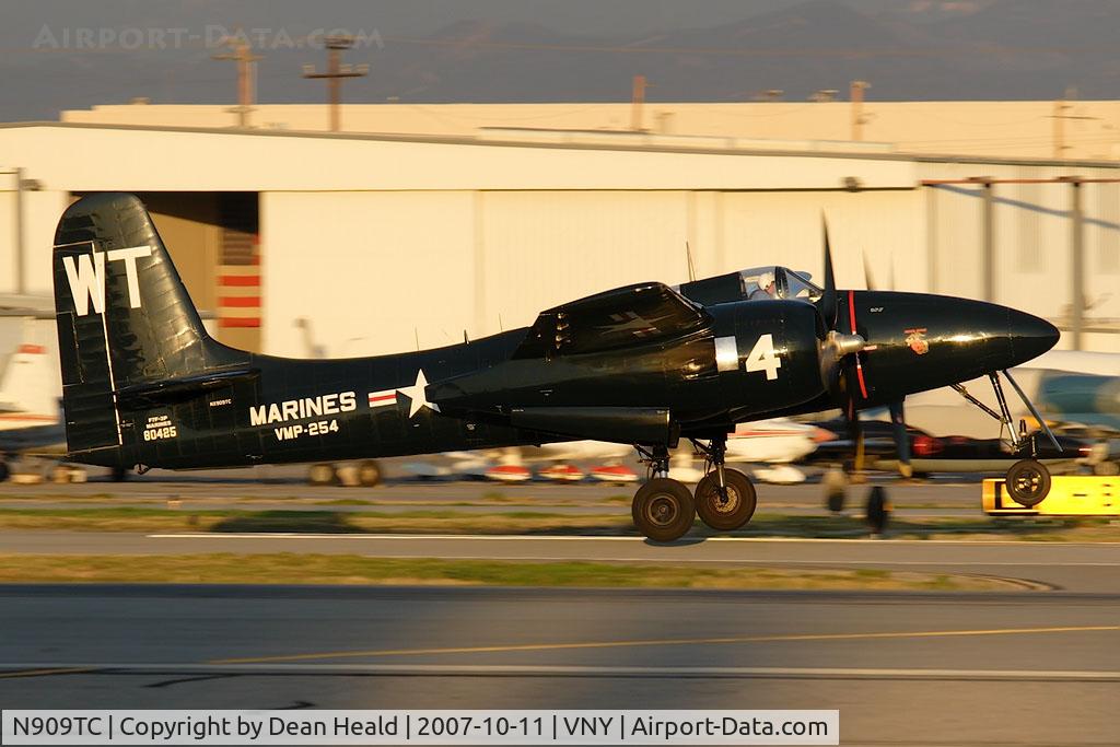 N909TC, 1945 Grumman F7F-3P Tigercat C/N 80425, A recent acquisition to Clay Lacy's inventory, this rare Grumman F7F-3P Tigercat (G-51) NX909TC is seen here taking off from RWY 16R during some pattern work.