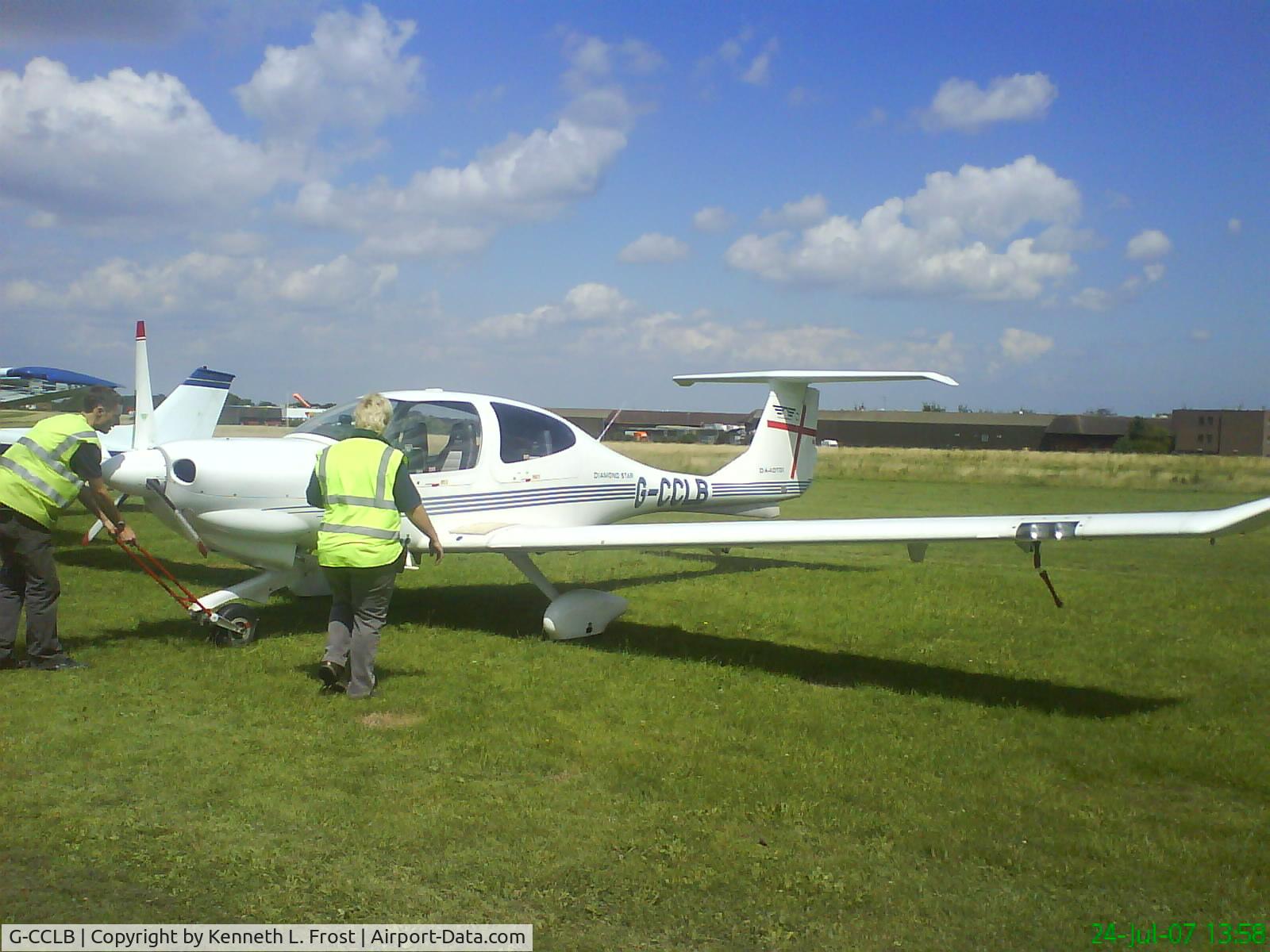 G-CCLB, 2003 Diamond DA-40D Diamond Star C/N D4.074, G-CCLB recently had an accident sometime in June 2006, G-CCLB's wheel became detached from the nose landing gear leg, allowing the propeller to strike the ground, raining down bits of grass, mud and propeller onto the aircraft. The duty crew pushing G-CCL