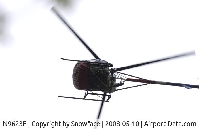 N9623F, 1970 Hughes 269C C/N 800031, Taken as it flew over local pond.