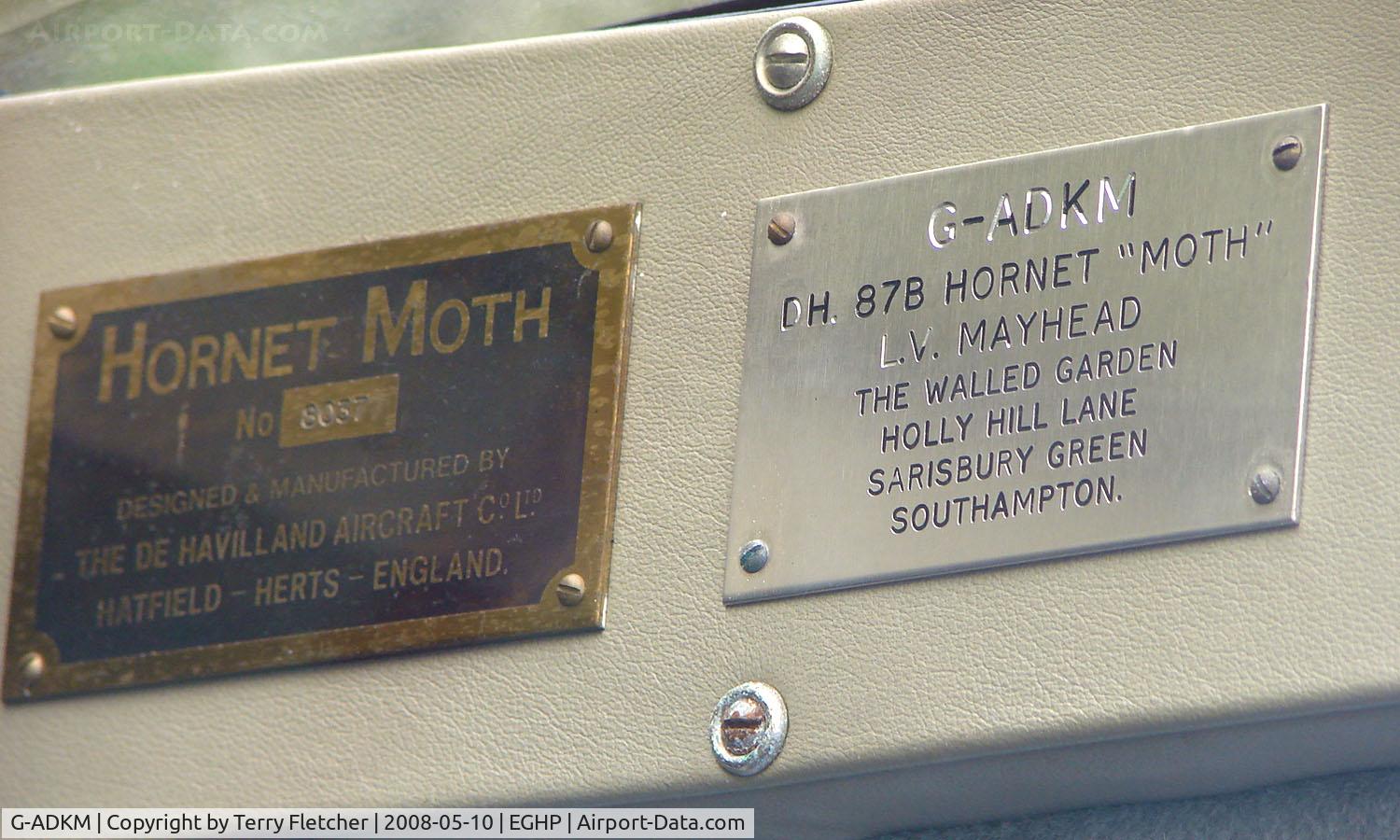 G-ADKM, 1935 De Havilland DH.87B Hornet Moth C/N 8037, Plates inside the cockpit of G-AKDM