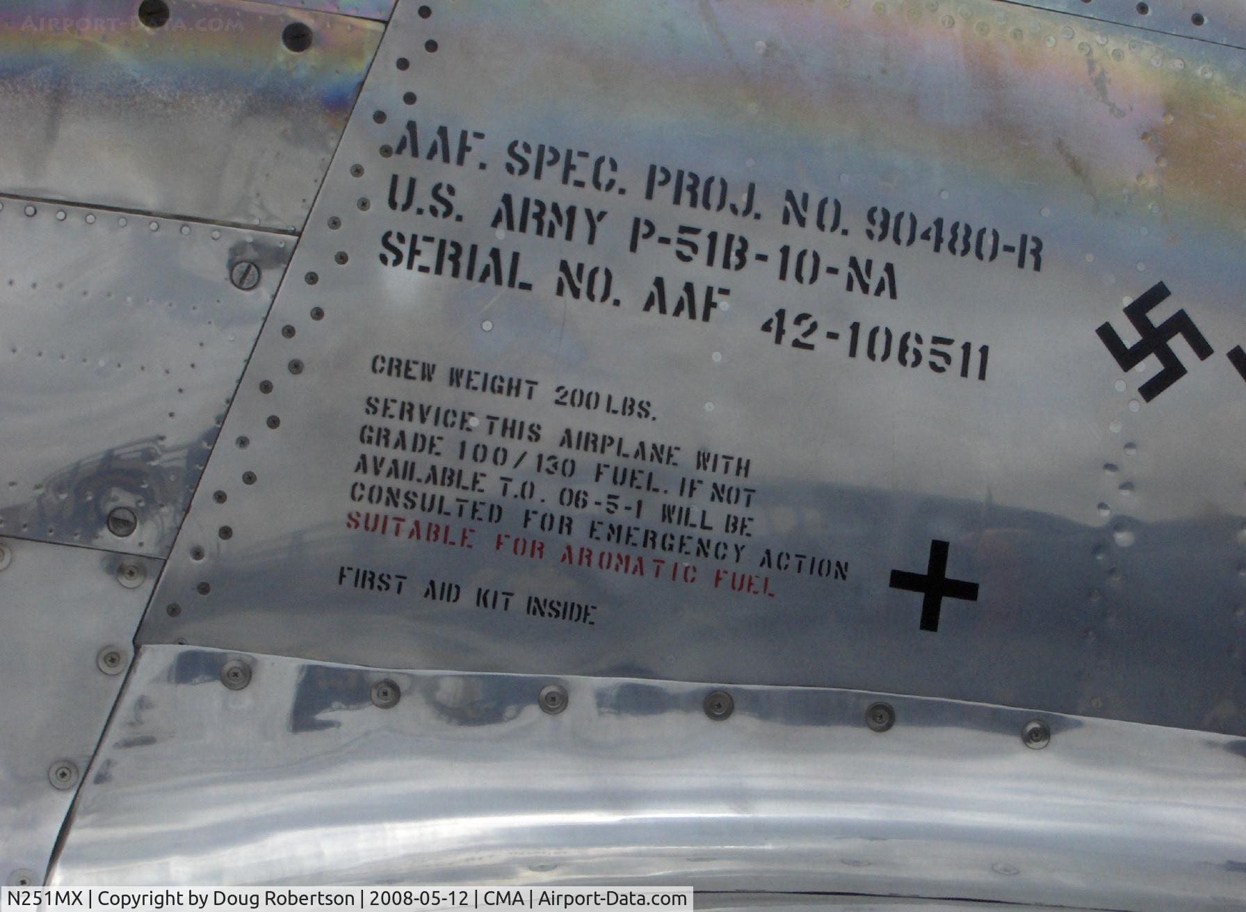 N251MX, 1943 North American P-51C-10 Mustang C/N 103-22730, 1943 North American TP-51C-10 MUSTANG as NL251MX 'Betty Jane', Packard LIBERTY/V-1650-3 1,380 Hp, modified for tandem dual control, Limited class, stencil data