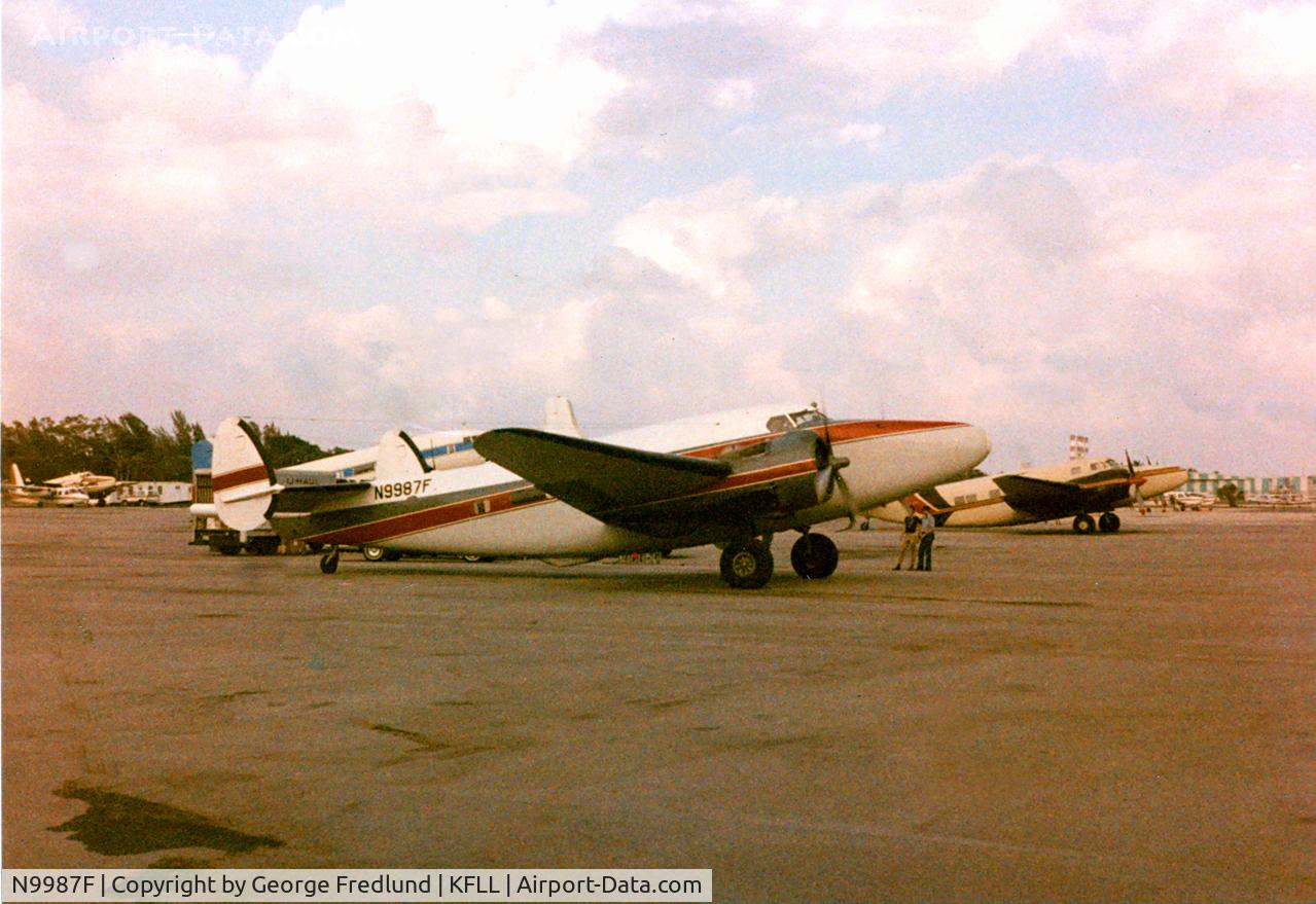 N9987F, Lockheed 18 Lodestar C/N 2209, Learstar Mk1 owned by Geoterex of Ottawa. The (MAD) gear fitted fo survey for oil reserves.  Taken in 1982 at Business Air Center FLL.