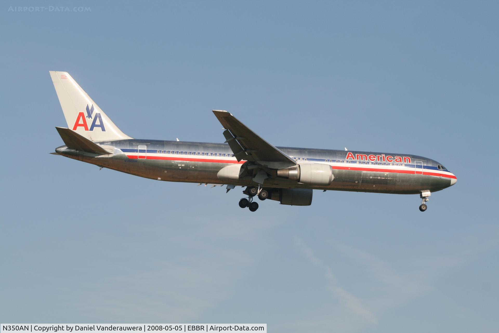 N350AN, 2003 Boeing 767-323/ER C/N 33089, several seconds before landing on rwy 02