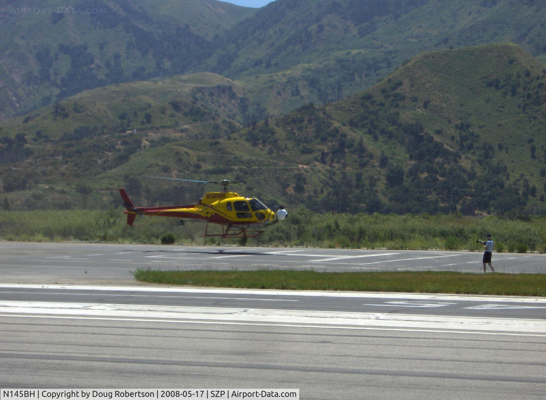 N145BH, 1980 Aerospatiale AS-350D AStar C/N 1270, 1980 Aerospatiale AS350D ASTAR, one Lycoming LTS 101 600A.2 616 shp turboshaft, PICTORVISION system-equipped, returning for another landing on SZP's Helipad