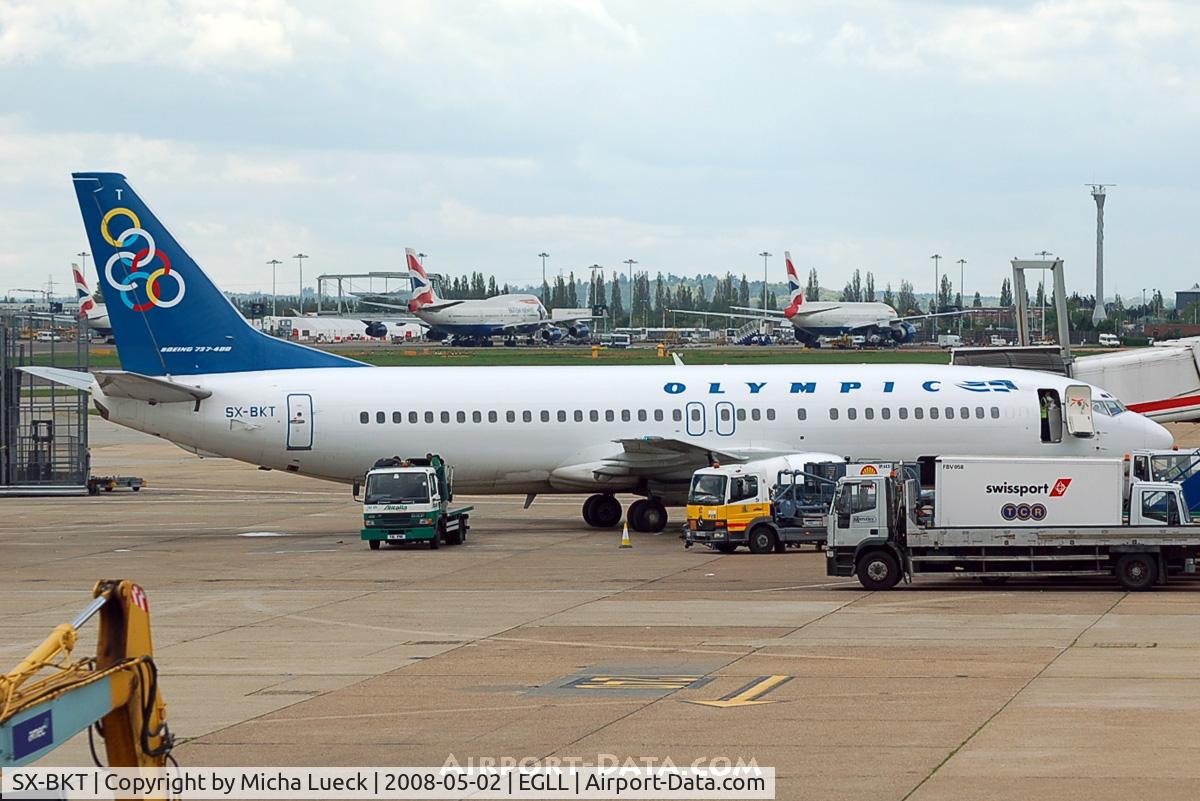 SX-BKT, 1995 Boeing 737-4Q8 C/N 25377, At the gate in Heathrow