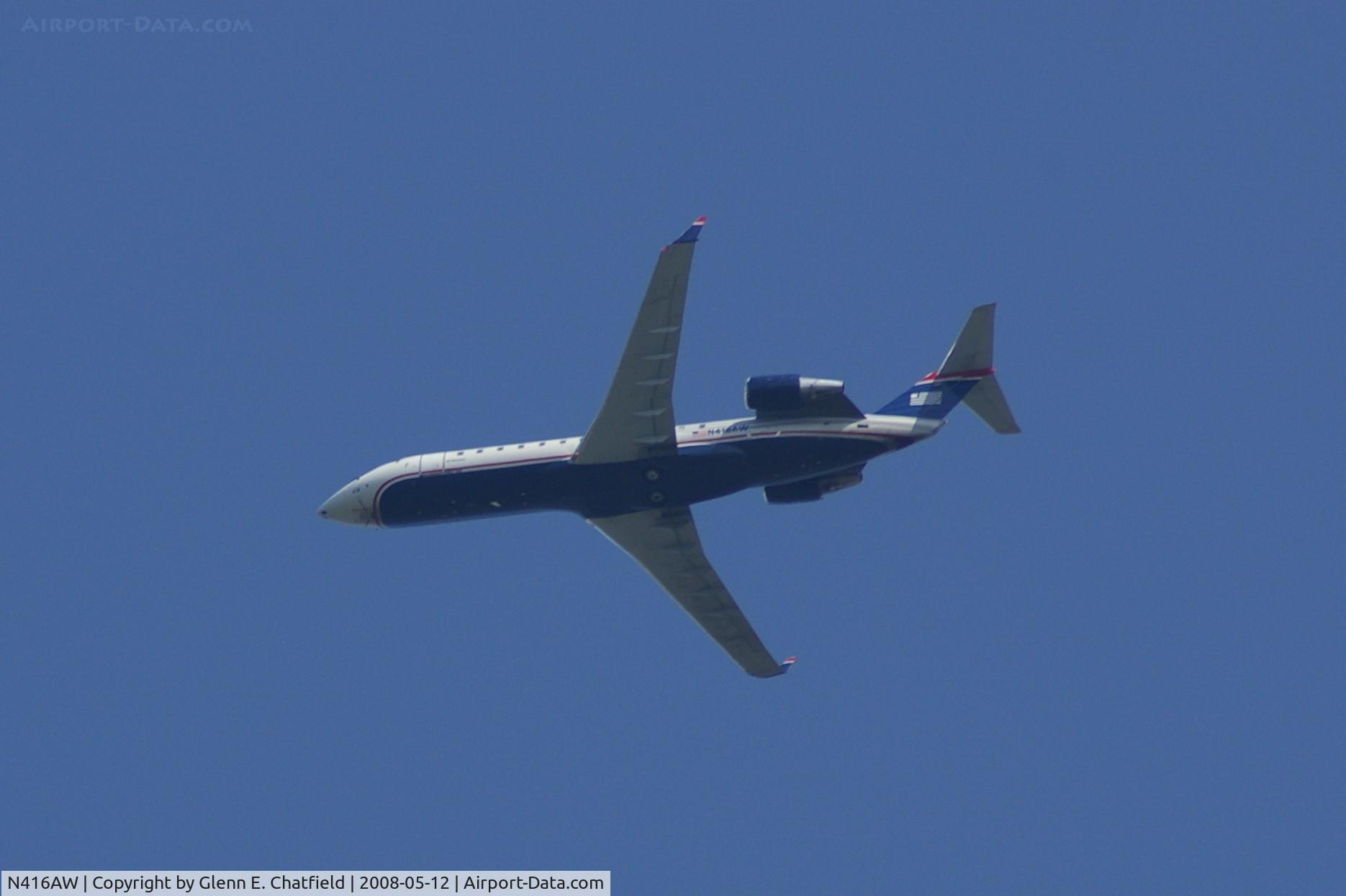 N416AW, 2002 Bombardier CRJ-200LR (CL-600-2B19) C/N 7603, Flying over Morton Arboretum on the way to ORD