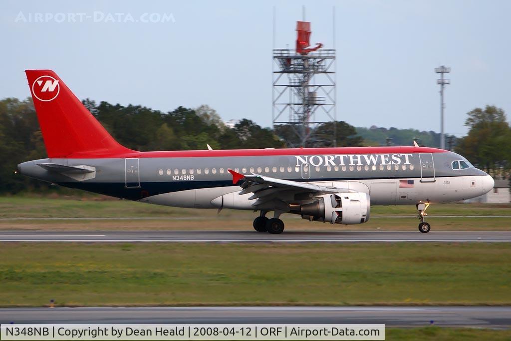 N348NB, 2002 Airbus A319-114 C/N 1810, Northwest Airlines N348NB (FLT NWA1452) rolling out on RWY 23 after arrival from Detroit Metro Wayne County (KDTW).