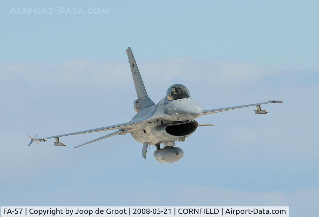 FA-57, 1980 SABCA F-16AM Fighting Falcon C/N 6H-57, This picture was taken from the tower after the F-16 made a run over the targets at the Confield range.