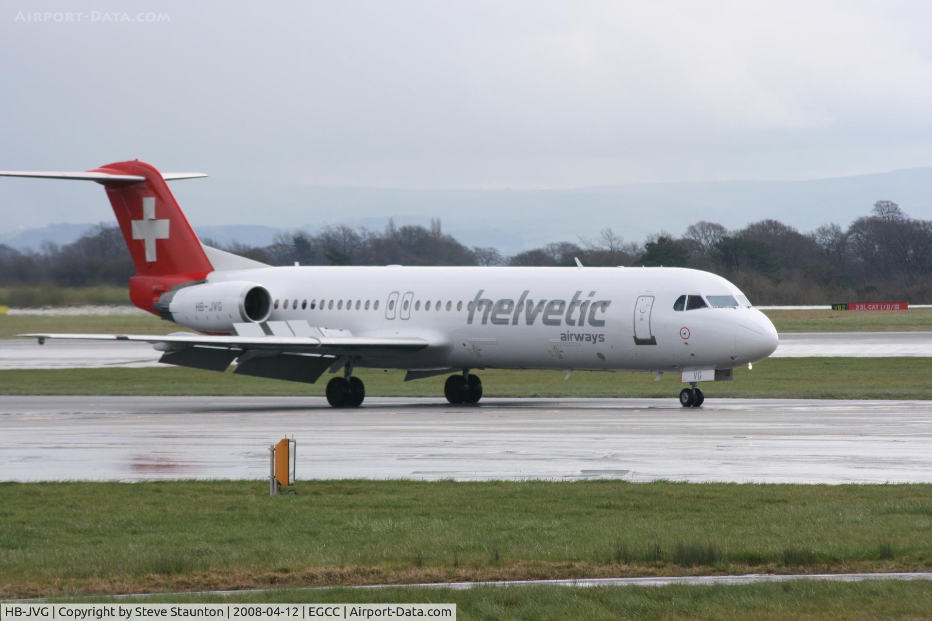 HB-JVG, 1993 Fokker 100 (F-28-0100) C/N 11478, Taken at Manchester Airport on a typical showery April day