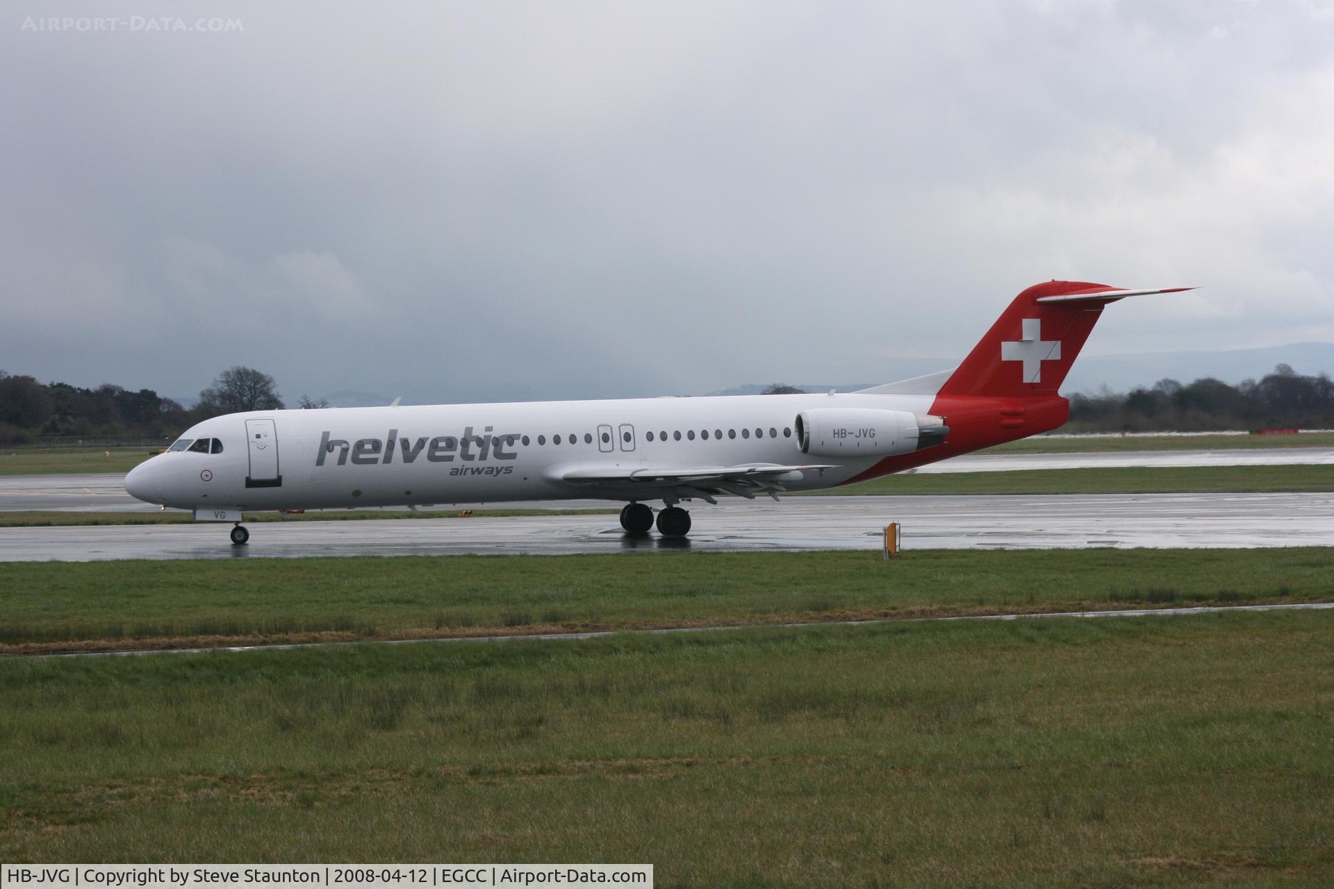 HB-JVG, 1993 Fokker 100 (F-28-0100) C/N 11478, Taken at Manchester Airport on a typical showery April day