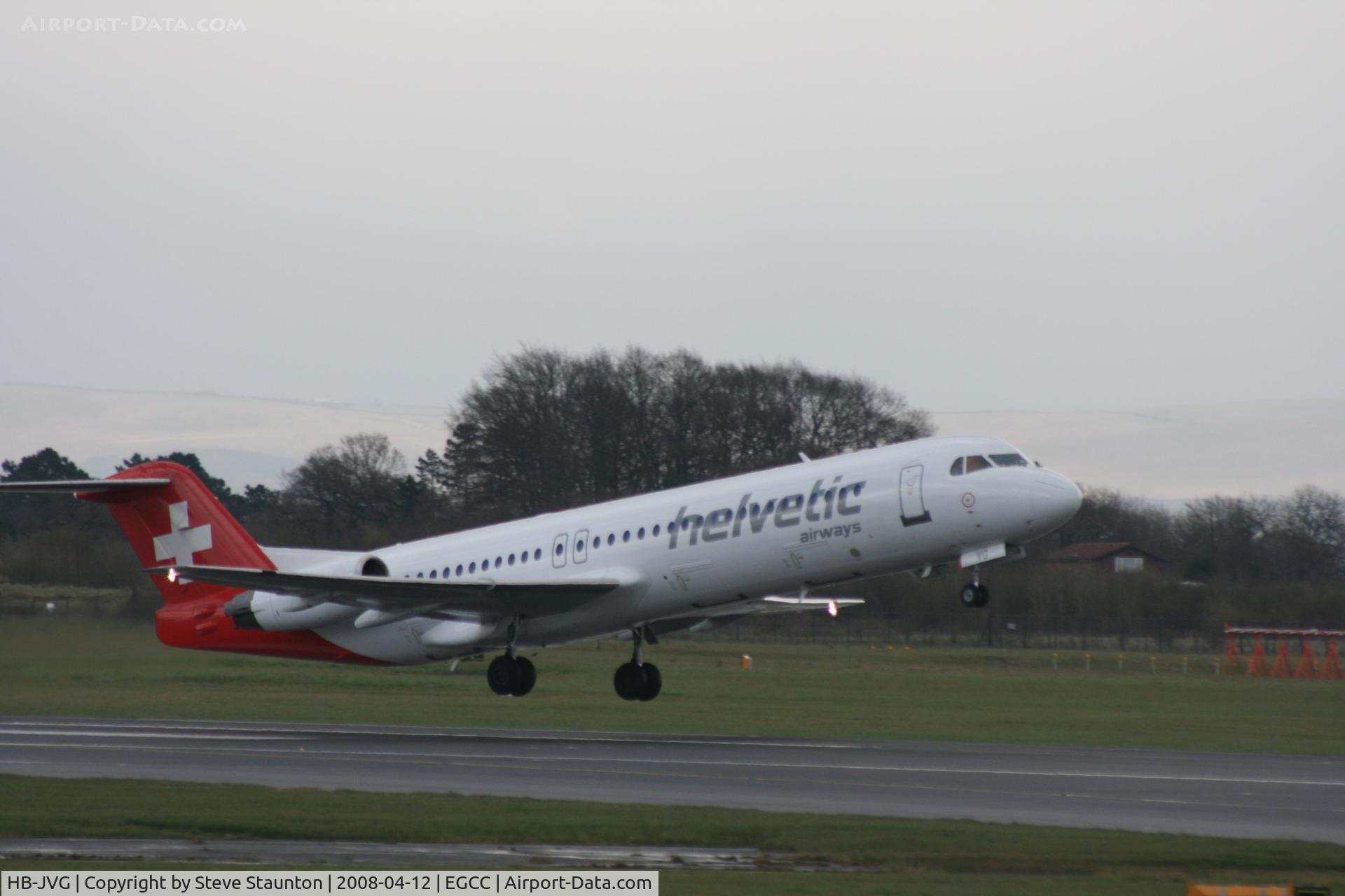HB-JVG, 1993 Fokker 100 (F-28-0100) C/N 11478, Taken at Manchester Airport on a typical showery April day