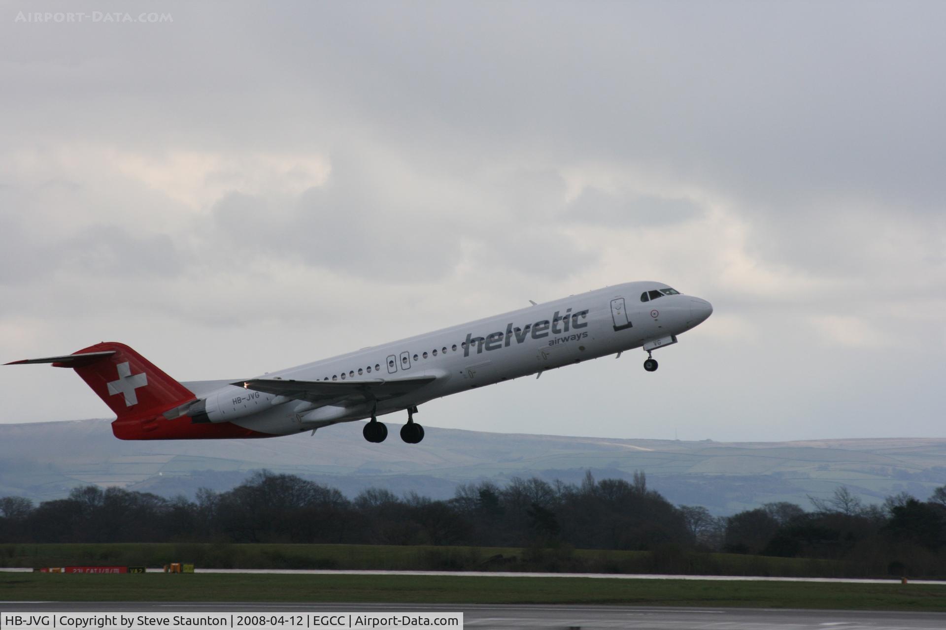 HB-JVG, 1993 Fokker 100 (F-28-0100) C/N 11478, Taken at Manchester Airport on a typical showery April day