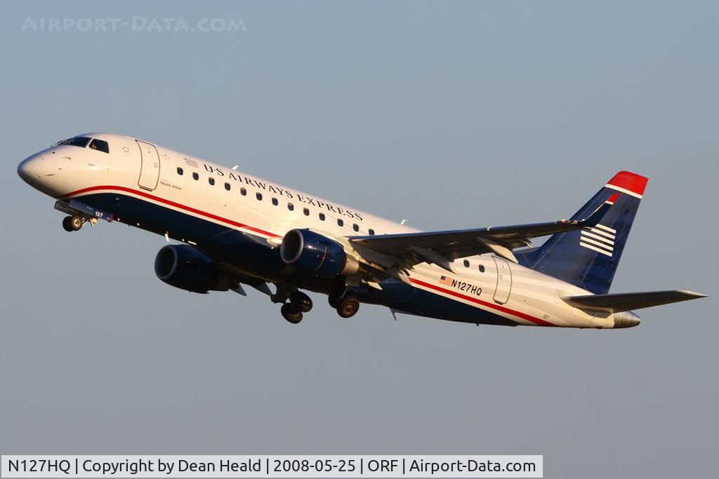 N127HQ, 2008 Embraer 175LR (ERJ-170-200LR) C/N 17000206, US Airways Express (operated by Republic Airlines) N127HQ (FLT RPA3268) climbing out from RWY 5 enroute to Philadelphia Int'l (KPHL). Delivery date: 2/14/2008.