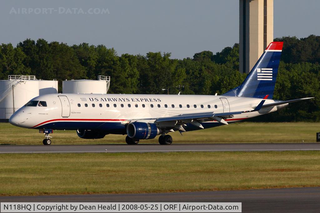 N118HQ, 2007 Embraer 175LR (ERJ-170-200LR) C/N 17000189, US Airways Express (operated by Republic Airlines) N118HQ (FLT RPA3253) rolling out on RWY 5 after arrival from Philadelphia Int'l (KPHL).  Delivery date: 10-18-2007. Test registration: PT-SUI.